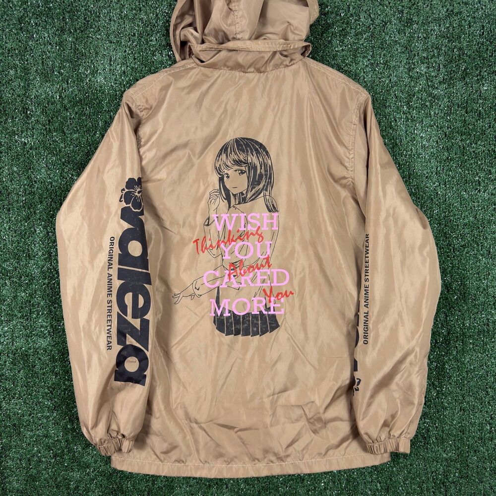 Valeza Men's Hooded Windbreaker Jacket Size S Tan Anime Streetwear Graphic Skate